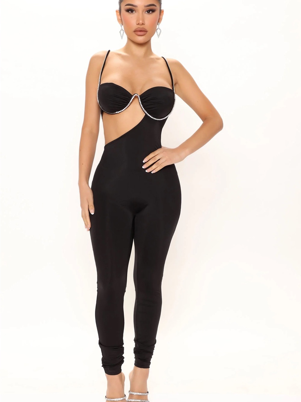 Black Cutout Rhinestone-Trim Jumpsuit